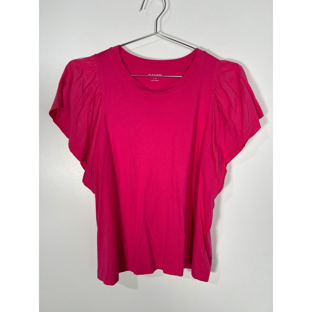 Old Navy Pink Cotton Flutter Puff Sleeve Knit Top Casual Feminine Barbiecore L